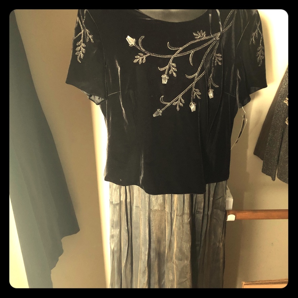Black evening gown with rose ribbon detailing